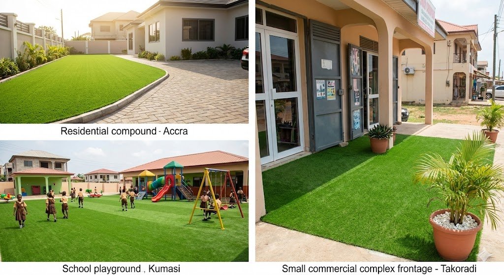 A professional outdoor image showing artificial grass installed in multiple real-life environments such as a home compound, school playground, and small commercial property in Ghana. Clean surroundings, well-maintained turf, natural lighting, and realistic urban setting. The image should communicate trust, adoption, and versatility.