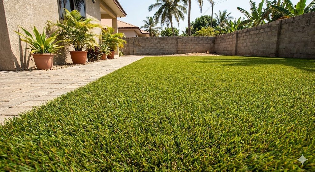 Artificial grass installed outdoors in Ghana showing durability under tropical climate conditions.