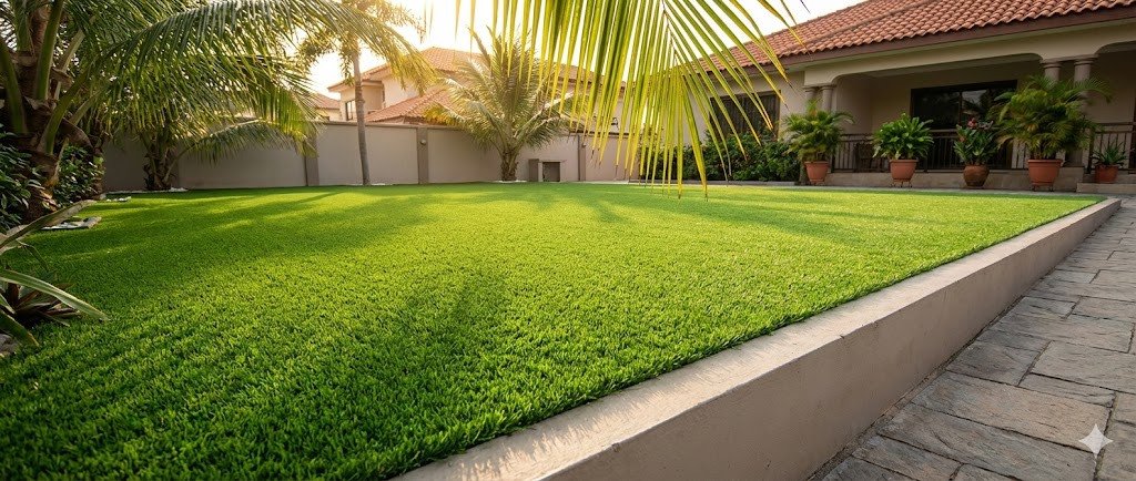 completed artificial grass installation in a residential home compound.