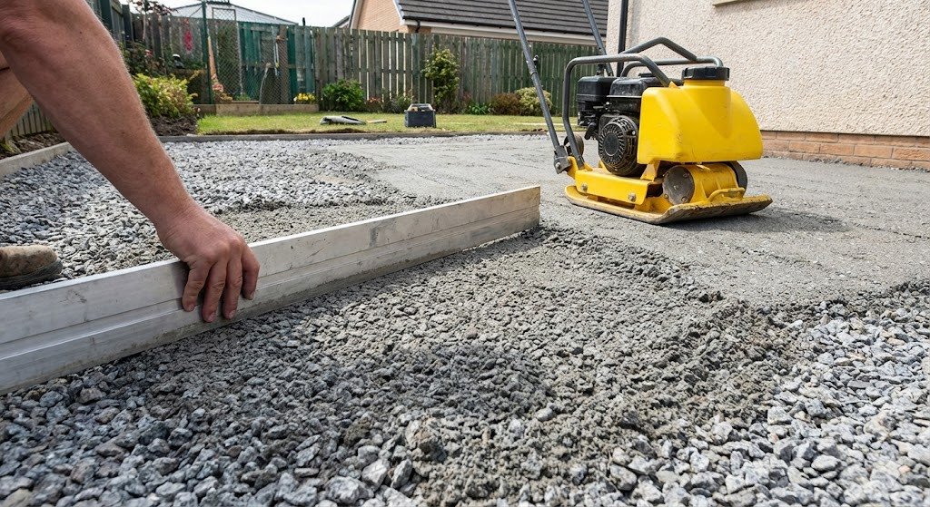 a compacted base layer made of crushed stone or sharp sand being levelled in a home compound. A hand compactor or leveling tool is visible.