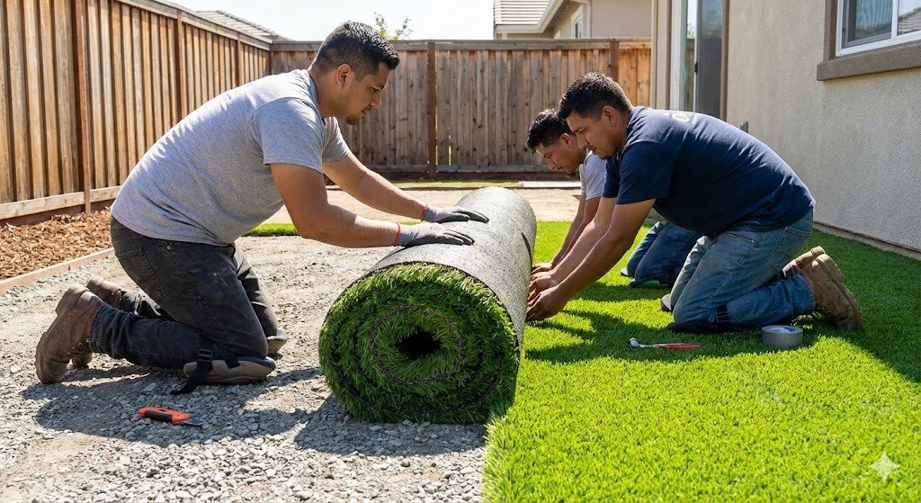 artificial grass being rolled out over a prepared surface in a home compound. The turf fibers are visible, aligned in one direction. Hands or installers are gently positioning the grass.