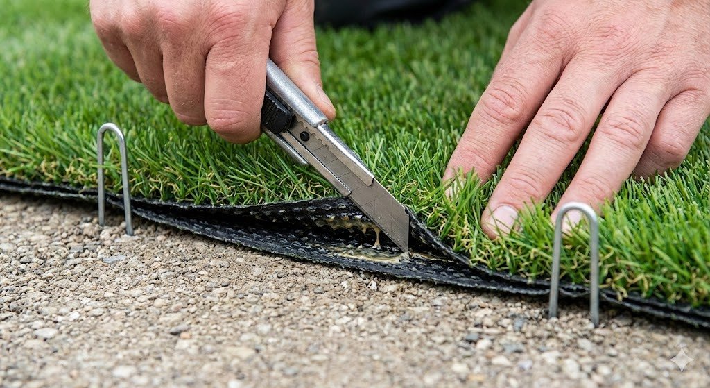 A close-up image of artificial grass edges being trimmed with a utility knife. Joining tape and adhesive are visible beneath two turf sections. Fixing pins are placed along the perimeter. Sharp focus on details, realistic textures, and a clean instructional composition