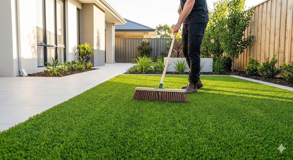 finished artificial grass lawn being brushed upright using a stiff broom. The grass fibers look even and natural. The surrounding home environment is clean and complete. 