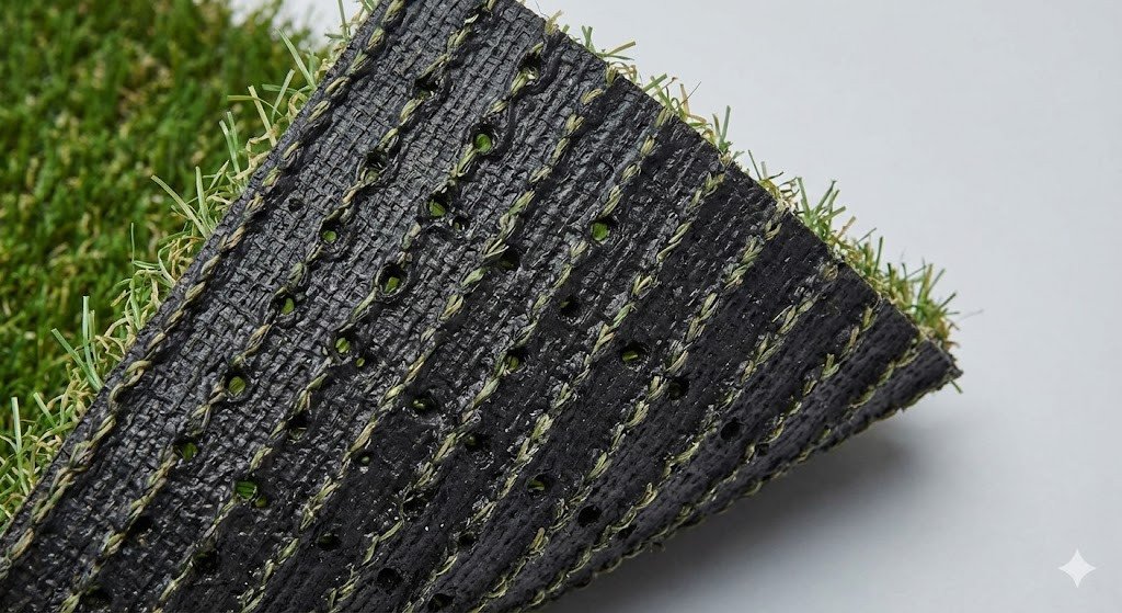 lose-up image of the underside of artificial grass, clearly showing the backing layers and drainage holes. The image should highlight structure, thickness, and water drainage capability. Clean background, realistic lighting, professional educational look.