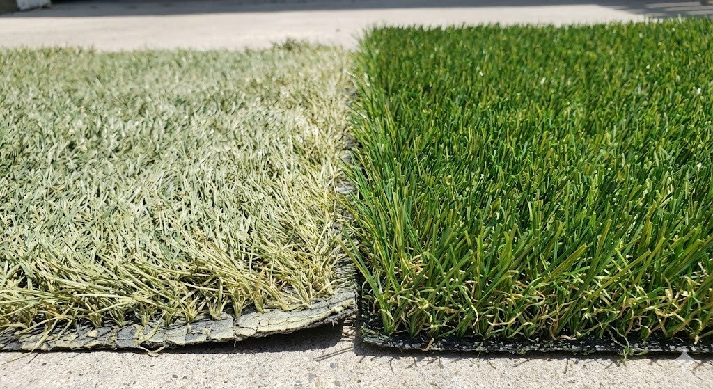 side-by-side comparison image showing worn-out low-quality artificial grass next to well-maintained premium artificial grass. Differences in color fading, fiber collapse, and texture should be clearly visible. Neutral environment,