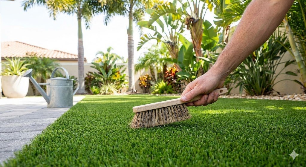 artificial grass being lightly cleaned or brushed outdoors, focusing on maintenance rather than people. The environment should look residential and tropical. Natural lighting, professional, instructional style.