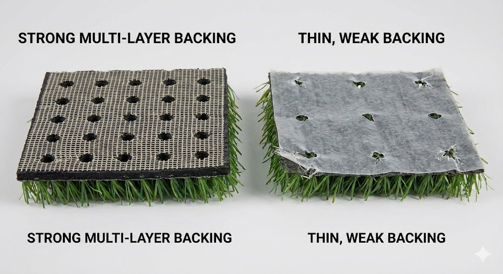 underside of artificial grass, comparing strong multi-layer backing with drainage holes versus thin, weak backing.