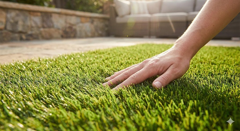 premium artificial grass, showing soft, natural movement and realistic texture. Outdoor lighting, clean background, emphasis on comfort and quality.How to Determine Fake Grass Quality: